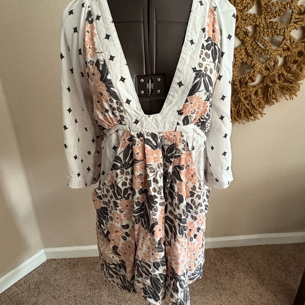 Free People Floral Long Sleeve Dress - White, Black, Peach